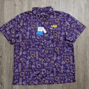 Columbia Purple and Gold LSU Short-Sleeve Button-Up Fishing Shirt Men’s XL NWT